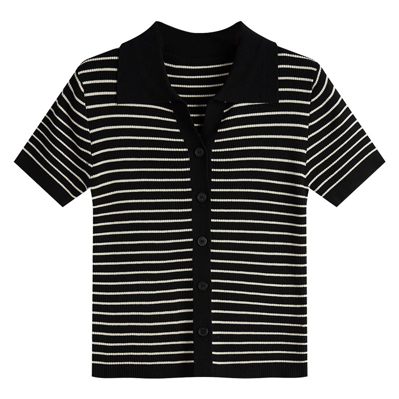 Áo polo ZHELIHANGFEI dệt kim tay ngắn cổ bẻ có nút cài họa tiết kẻ sọc thời trang dành cho nữ