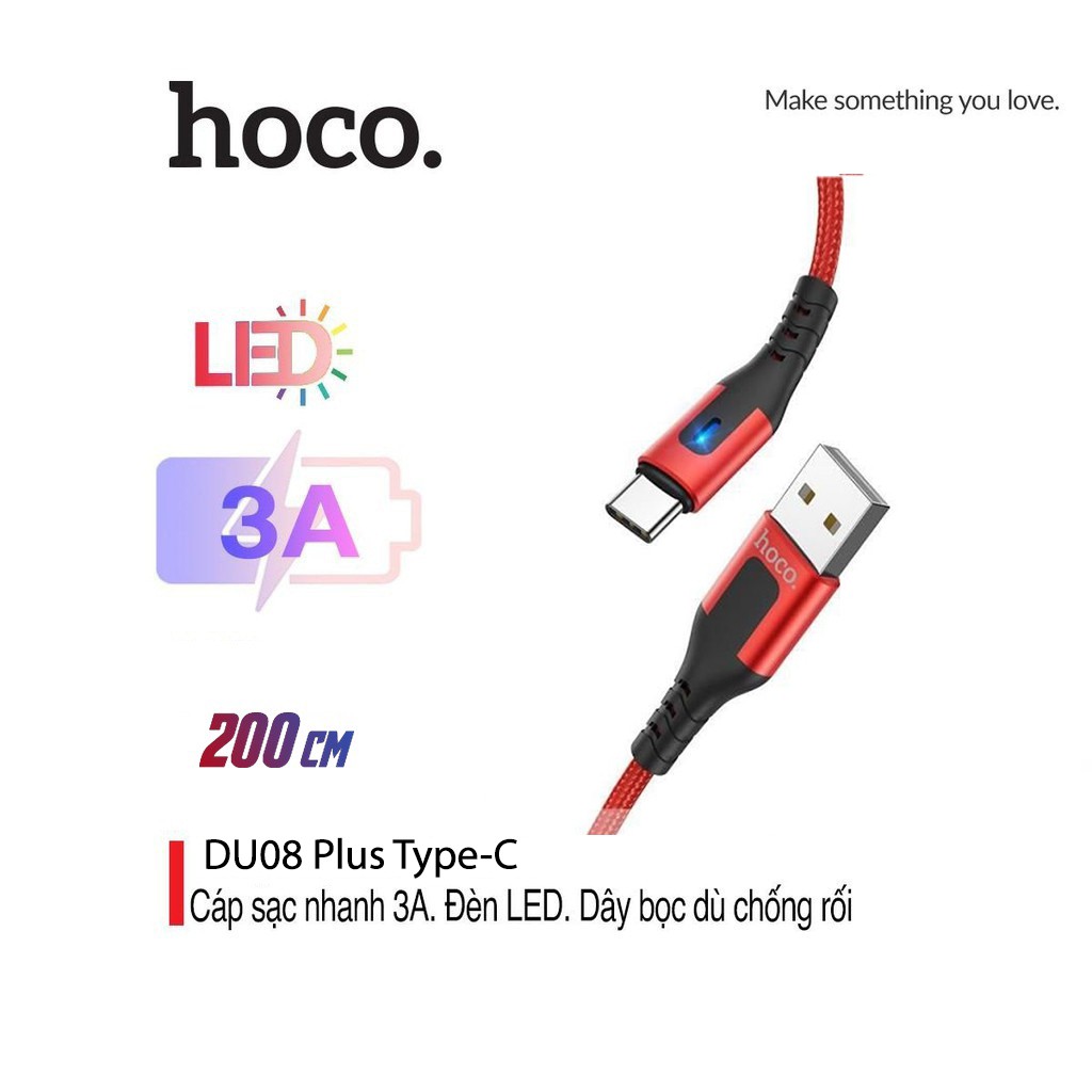 Cáp sạc nhanh 3A Hoco DU08 PLus Type-C vải dù siêu bền chống đứt dài 2M cho Android