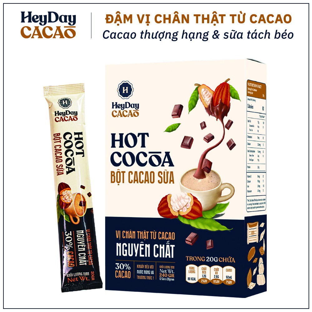 Bột Cacao Sữa Heyday - Hộp 12 gói x 20g - Đậm vị cacao thượng hạng và sữa tách béo tốt cho sức khoẻ