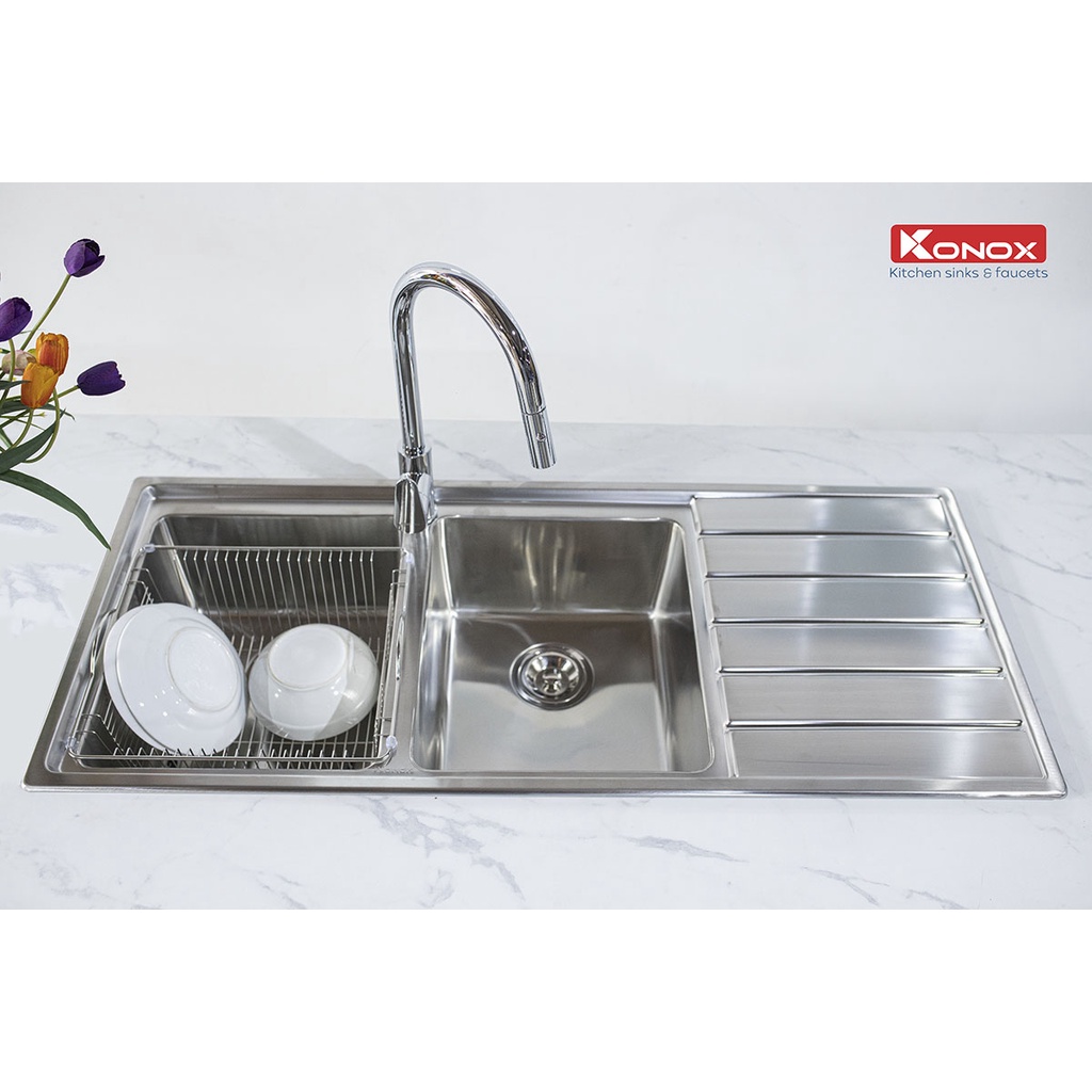 Chậu rửa bát có bàn chờ KONOX European Premium KS11650 2B inox 304AISI, full set gồm Siphon+Giá úp bát inox