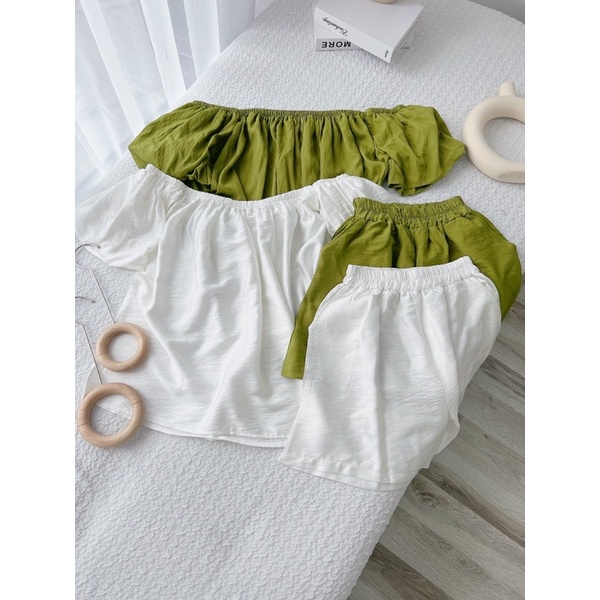 SET ÁO BẸT VAI BO CHUN + QUẦN SHORT LƯNG THUN (TH)