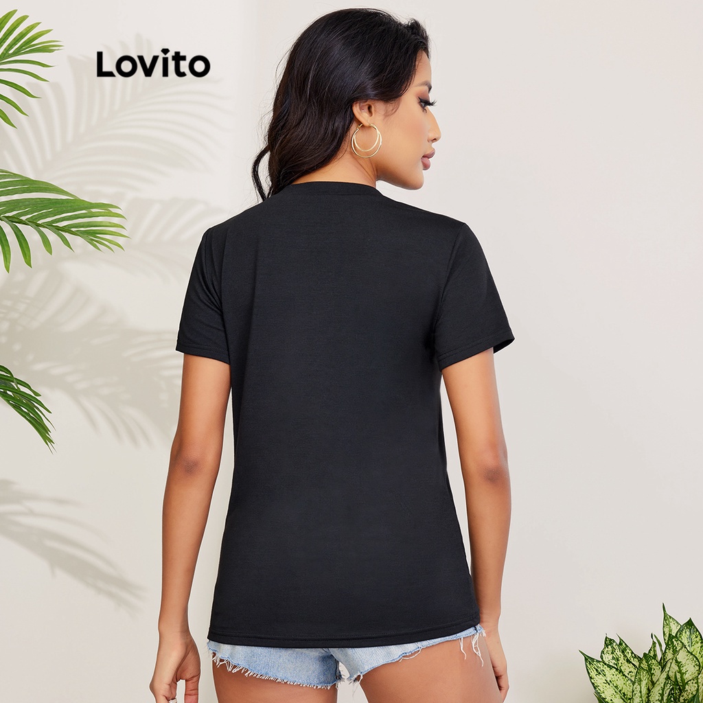 Áo thun Lovito cổ tròn đính ngọc trai giả màu trơn phong cách thường ngày L27LD009 (màu đen)