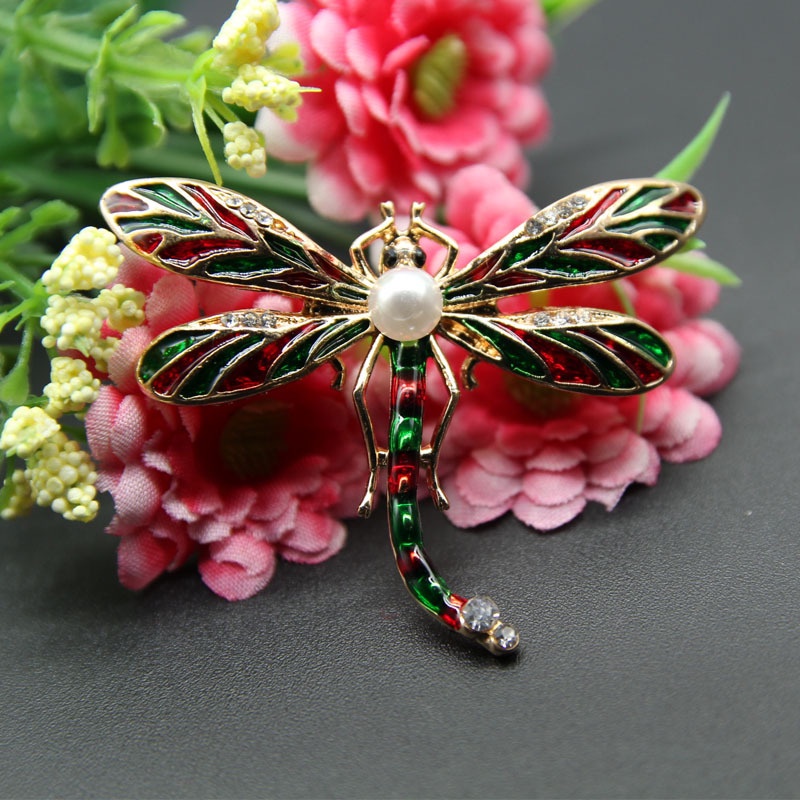 Trâm Cài Áo Hình Chuồn Chuồn Tráng Men Đính Ngọc Trai Tráng Men