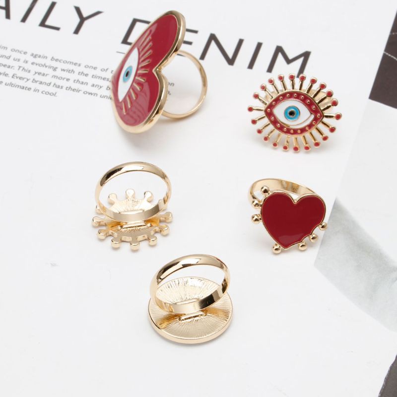 Bộ 5 nhẫn tráng men mặt hình trái tim con mắt dạng mở kiểu cường điệu trang sức thời trang cho nữ