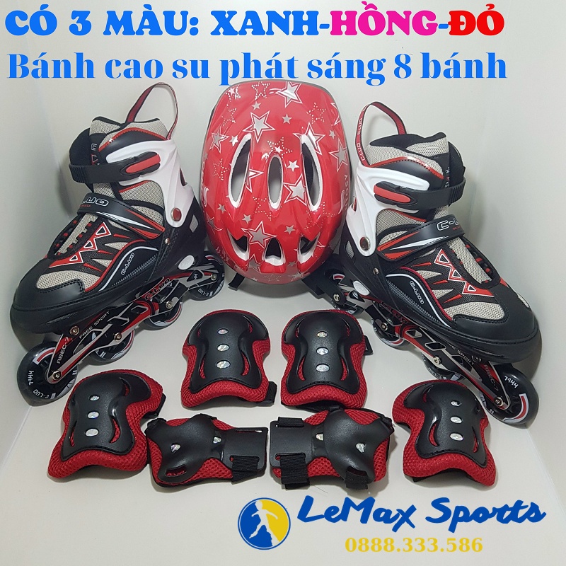 Giày patin trẻ em có bánh cao su, phát sáng 8 bánh. Giày trượt patin trẻ em giá rẻ C-lou Tặng bảo vệ chân tay 6 chi tiết
