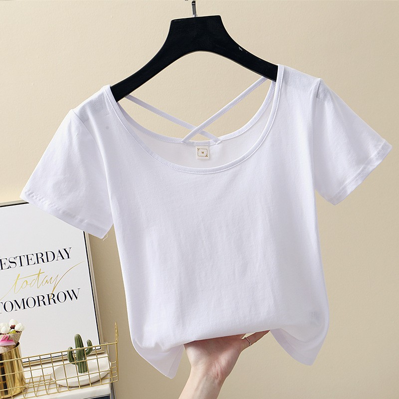 Áo croptop nữ trơn cotton cổ lưng đan chéo phong cách Hàn Quốc - LUT