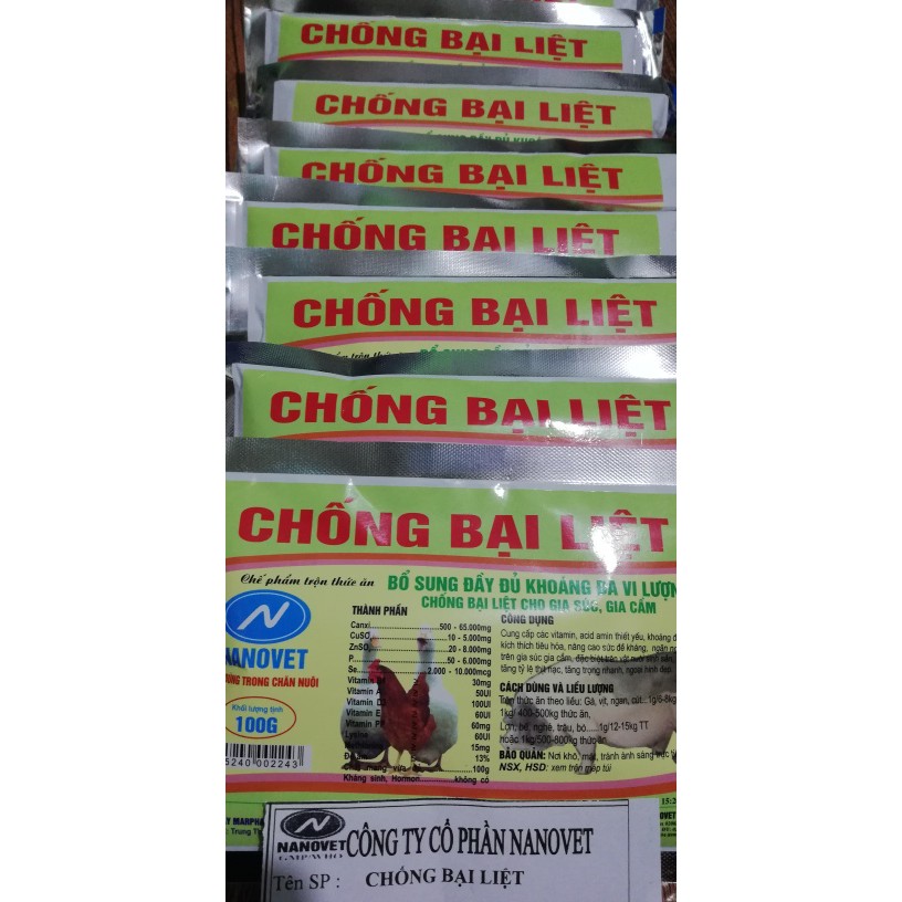 1 gói 100g CHỐNG BẠI LIỆT BỔ SUNG ĐẦY ĐỦ KHOÁNG ĐA VI LƯỢNG CHỐNG BẠI LIỆT CHO GIA SÚC, GIA CẦM, GÀ ĐÁ, CHIM