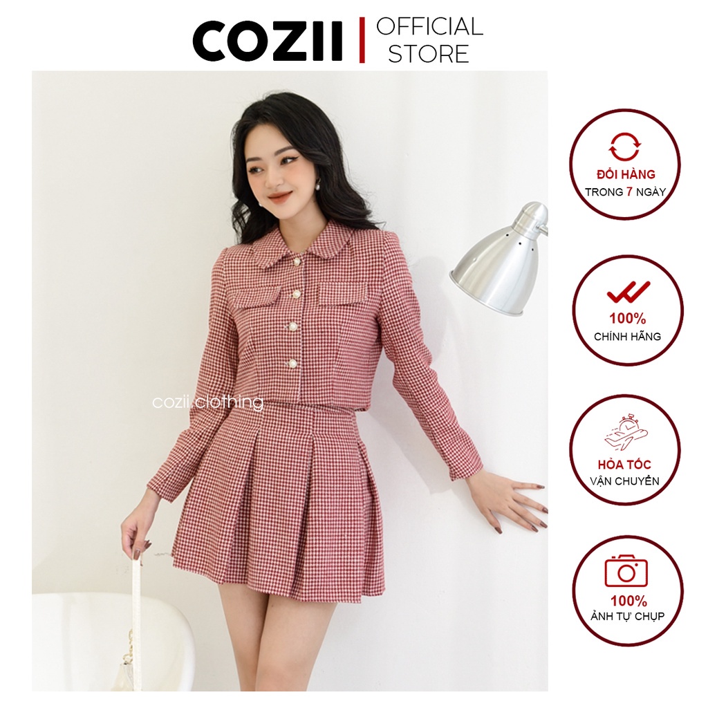 VIP Set Áo Khoác Dạ Tweed Cúc Ngọc Chân Váy Xếp Ly S376