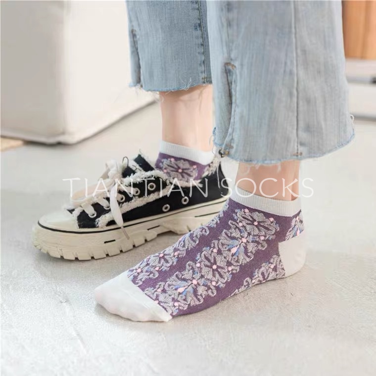 TIAN TIAN T156 Vớ Thuyền Cotton Thêu Nổi Ba Chiều Cổ Điển Phong Cách Hoàng Gia Nhật Bản Dễ Thương Thời Trang Xuân Hè Cho Nữ Dễ Phối Đồ
