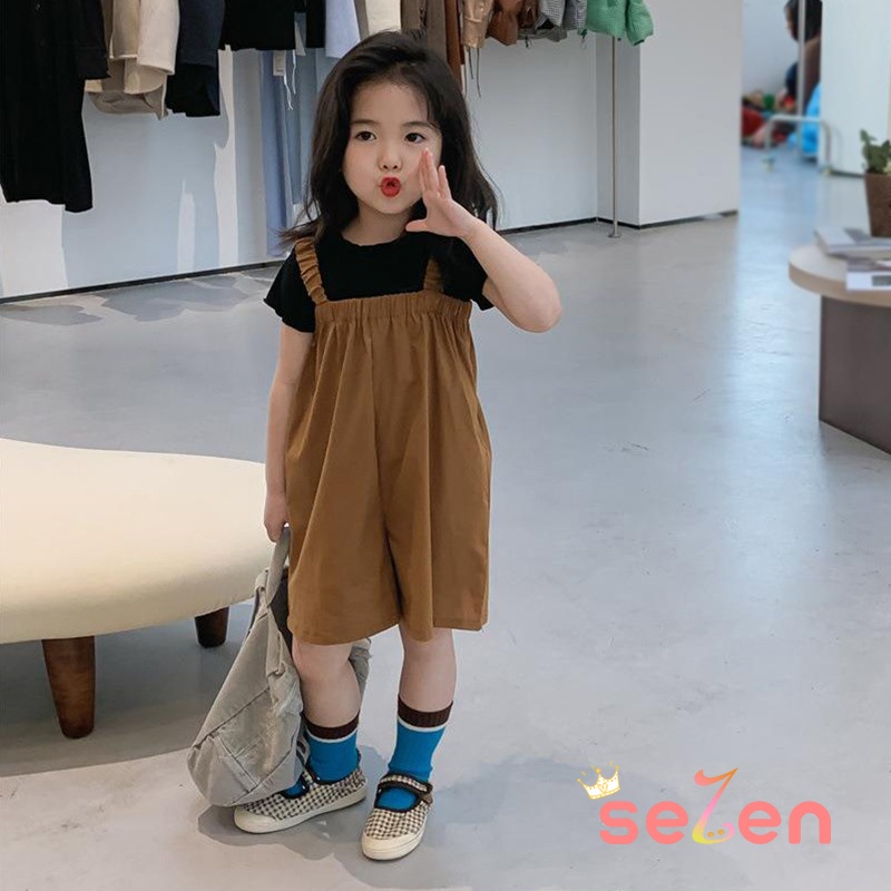 Se7en Set Áo Cổ Tròn Ngắn Tay + Quần Yếm Phong Cách Hàn Quốc Cho Bé Gái
