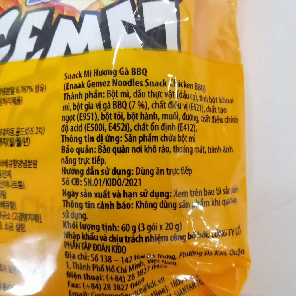 Snack Mì Hương Gà BBQ Enaak Gemez Noodles (Túi 60g)