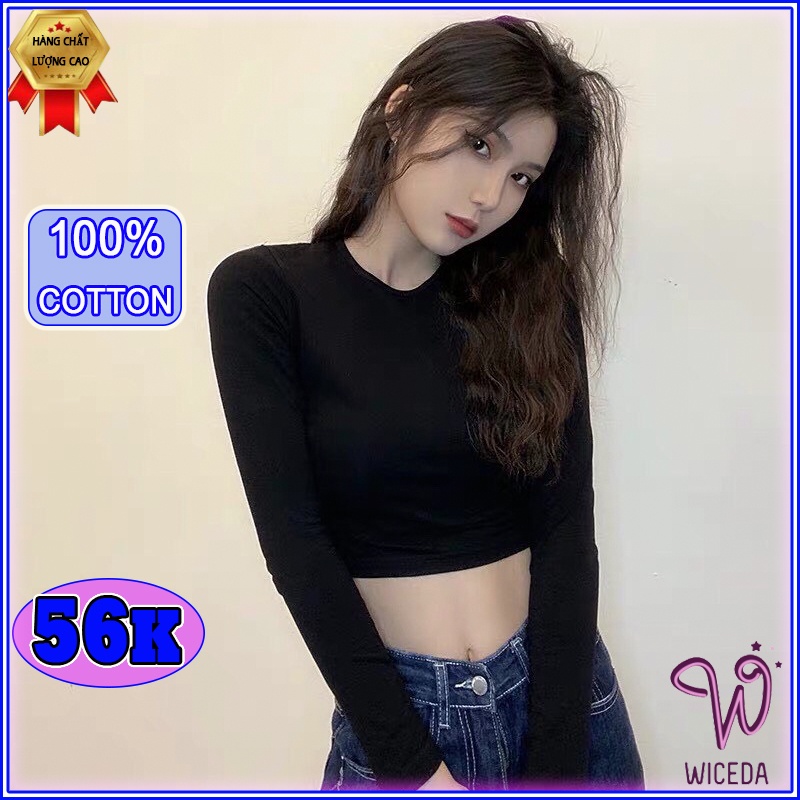 Áo croptop tay dài dáng ôm ,áo thun gân 100% cotton chất mịn mát 2 màu đen trắng Wiceda CR 261.