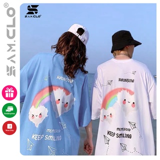 Áo thun tay lỡ nữ SAM CLO freesize phông form rộng dáng Unisex, mặc lớp, nhóm, cặp in hình MÂY CẦU VỒNG KEEP SMILING