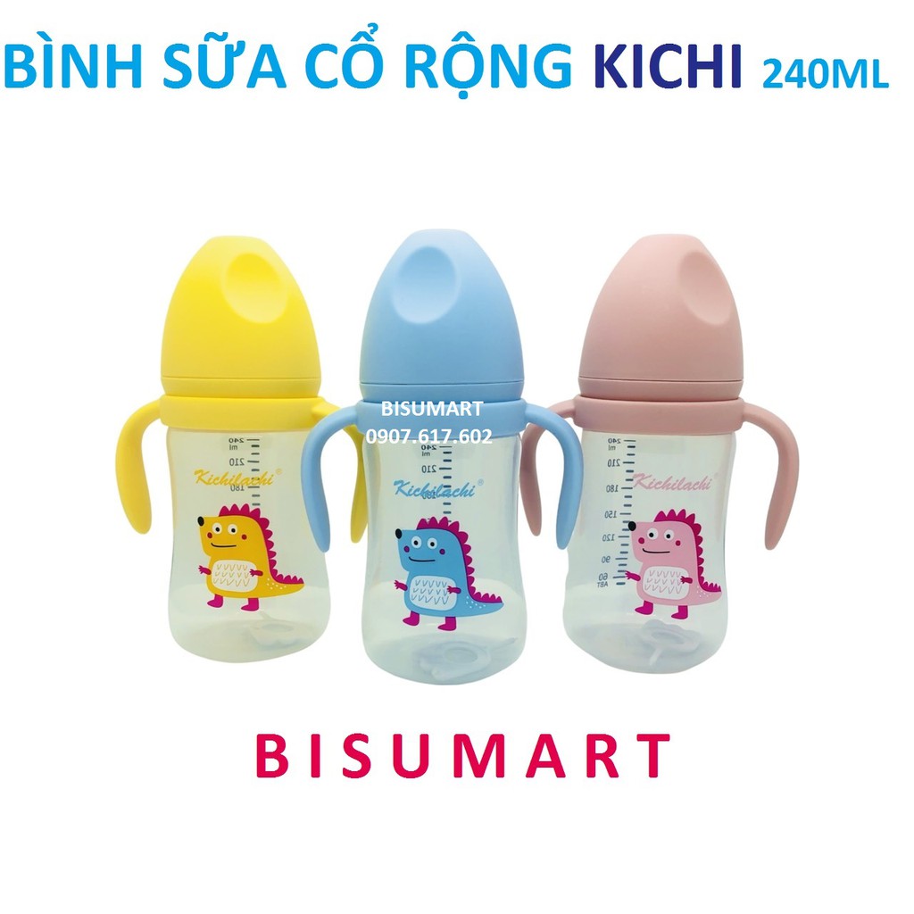 Bình Sữa Cổ rộng Kichi, Bình sữa cho bé nhựa PP 160ml/ 240ml/300ml ( Có quai cầm )