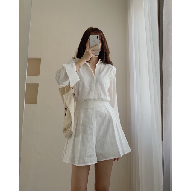 Set sơ mi dài tay kèm quần short, set linen ba màu có khóa kéo 989