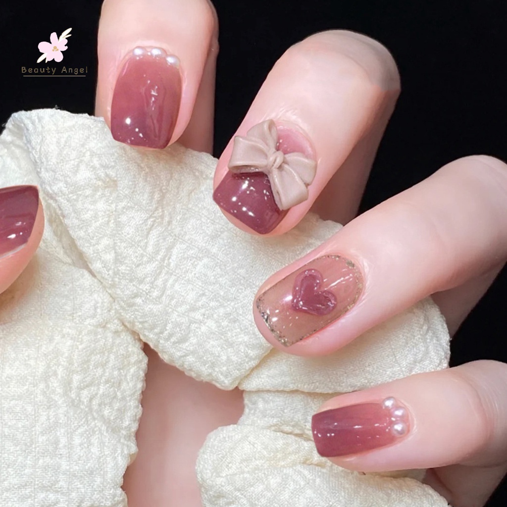 Móng Tay Giả Đính Nơ Hình Gấu Dễ Thương/Móng Tay Giả 3d / Móng Tay Giả Kèm Keo Móng Dài/ nơ kèm keo dán dễ thương xinh xắn