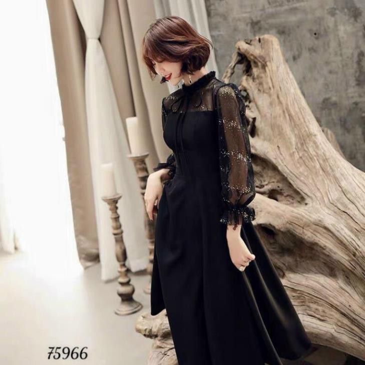 < size M, L, XL > Đầm nữ dáng xòe chất thun umi phối tay voan gắn sao kim tuyến.  mịn, co giãn tốt, không nhăn. | BigBuy360 - bigbuy360.vn