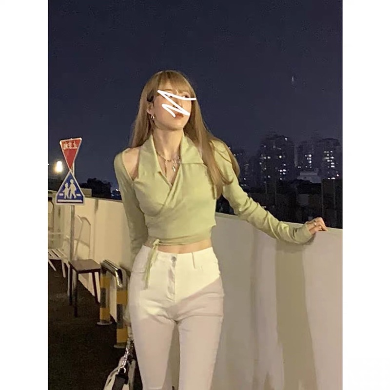 Áo croptop hở vai tay dài đan dây sexy