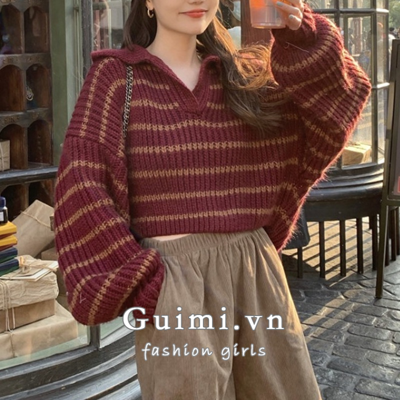 Áo sweater NZN dệt kim cổ bẻ dáng rộng họa tiết kẻ sọc thời trang thu đông mới dành cho nữ