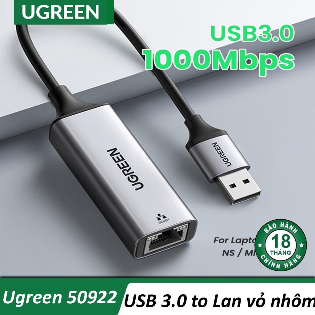 Cáp chuyển USB 3.0 to Lan Vỏ Nhôm hỗ trợ 10/100/1000Mbps chính hãng Ugreen 50922