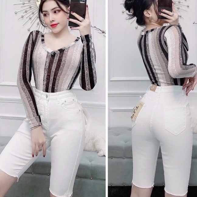 Quần Jean Nữ AIORI Ngó Lửng Cạp Cao Trơn Trắng Đen Vải Co Giãn Tốt Jeans Cotton Mềm Mịn, Thời Trang Hàn Quốc