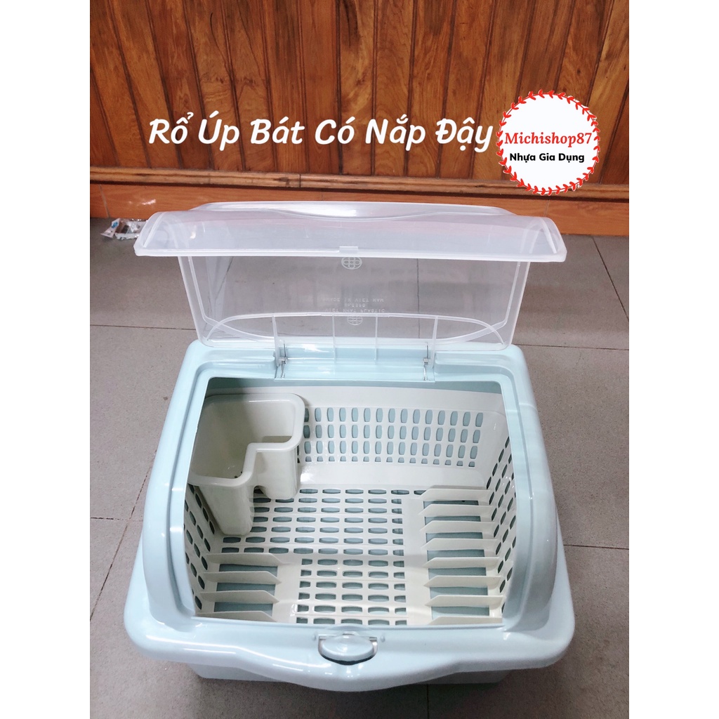 Rổ Úp Chén Bát Có Nắp Đậy Kèm Ống Đũa Nhựa Việt Nhật, Giá Úp Bát Có Nắp Đậy Có Khe Thoát Nước