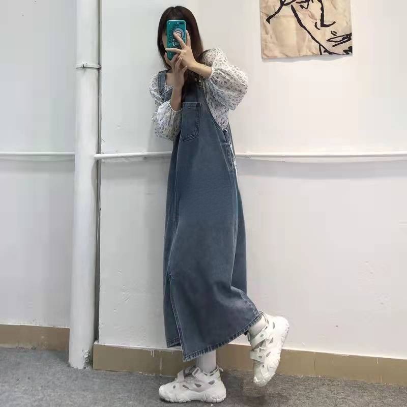 Đầm Yếm Denim Dài Dáng Rộng Phong Cách Retro Mới Cho Nữ