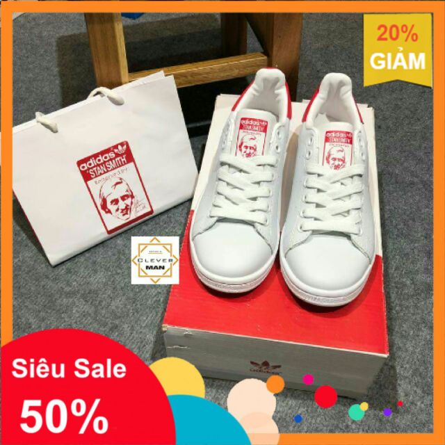 SALE XẢ LV-NEW ⚡ [XẢ KHO] (FULL PHỤ KIỆN)  GIÀY THỂ THAO STAN SMITH WHITE trắng gót đỏ [ĐEP CHUẨN ] 🔥 ✔️ : 🔥 XIÊU RẺ *