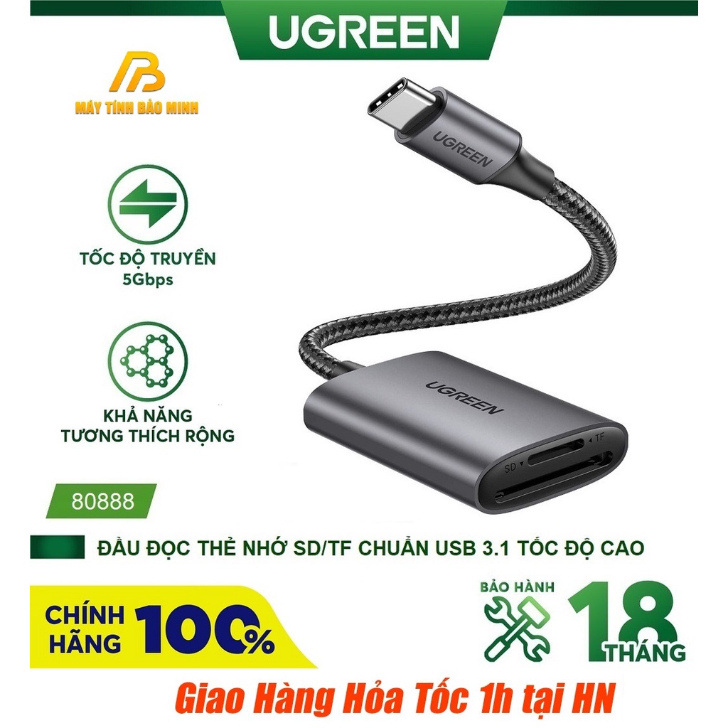 Đầu đọc thẻ nhớ SD/TF chuẩn USB Type C Ugreen 80888 - Hàng Chính Hãng Bảo Hành 18 Tháng