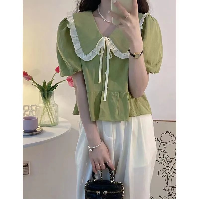 Áo Kiểu Tay Phồng Cổ Búp Bê Phong Cách Hàn Quốc Ngọt Ngào Thời Trang Mùa Hè Cho Nữ