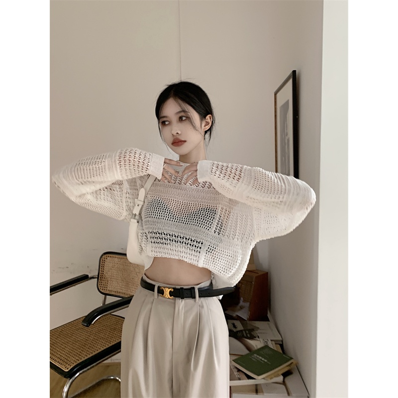 QKOOLE  Áo Croptop Dệt Kim Tay Dài Cổ Tròn Phong Cách Hàn Quốc Cổ Điển Thời Trang Cho Nữ