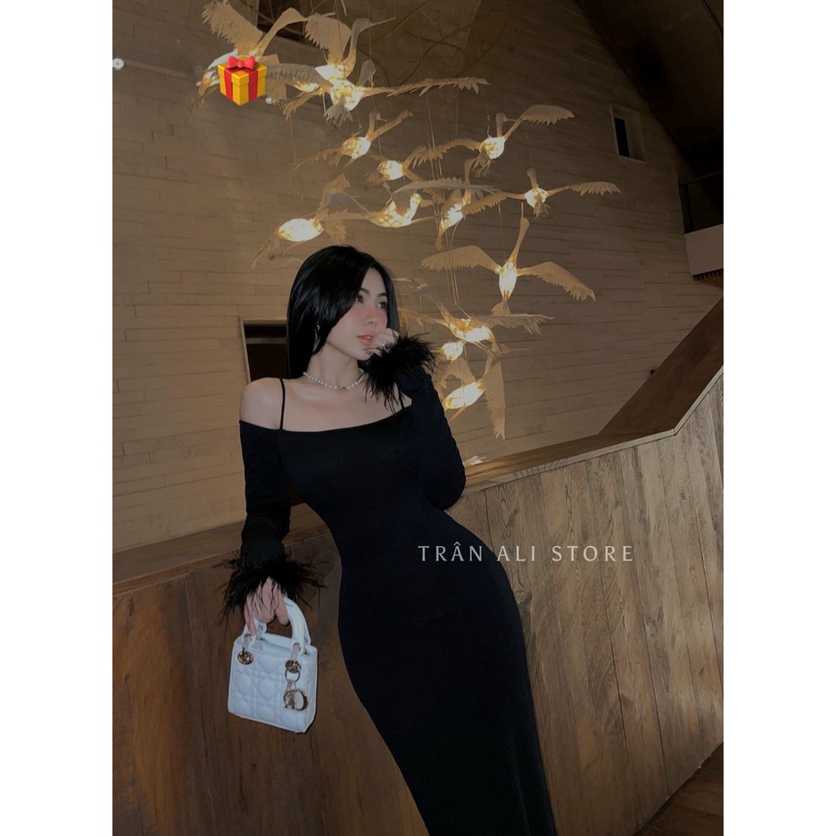 Đầm body nữ trễ vai tay dài phối lông vũ kiễu hở lưng sexy dáng dài maxi hot