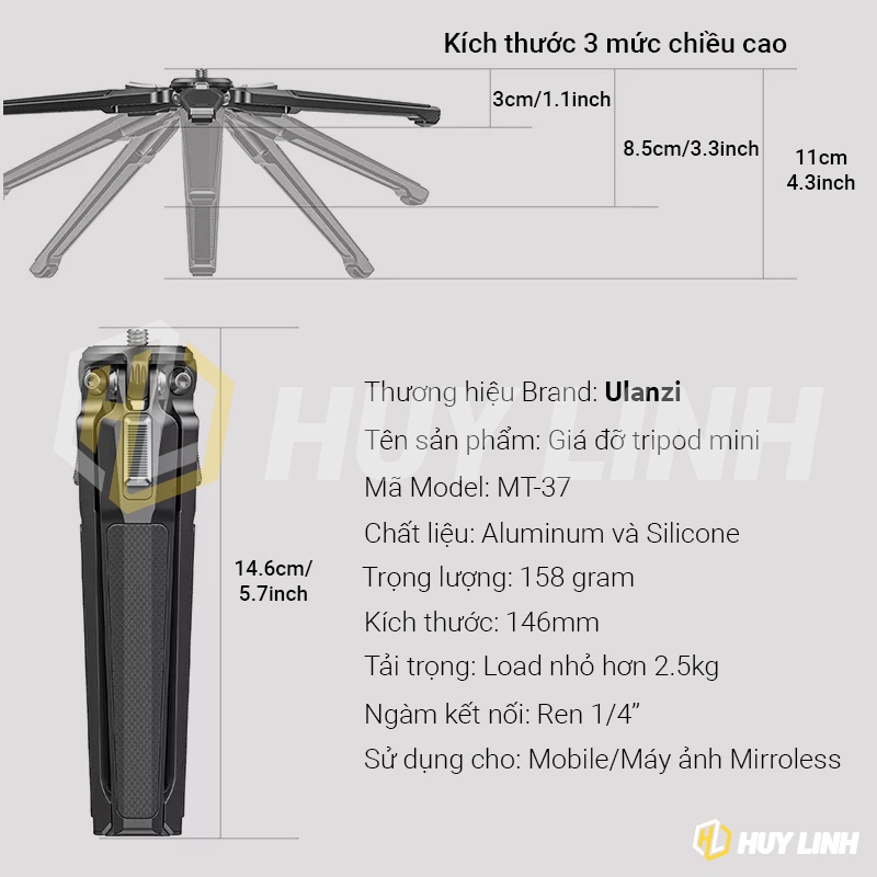 Giá đỡ 3 chân Ulanzi MT-37 Mini Metal Tripod Hợp Kim Nhôm