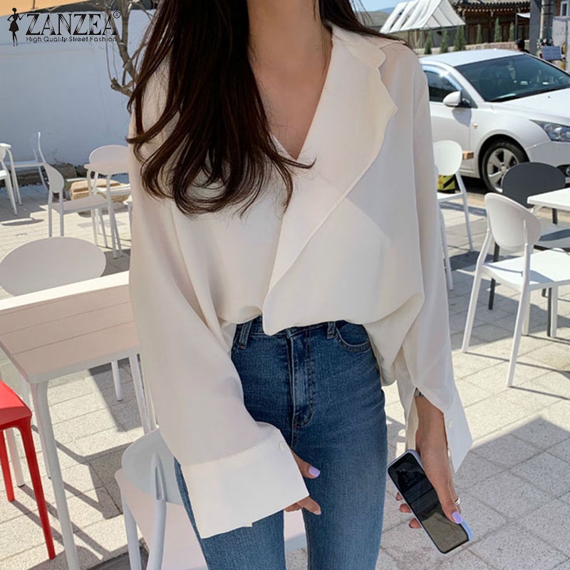 Áo kiểu ZANZEA dài tay cổ lật dáng rộng màu trơn đơn giản phong cách Hàn Quốc dễ phối đồ dành cho nữ