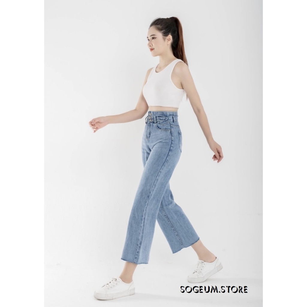 Quần jeans nữ dáng suông rộng, quần bò cạp cao tua gấu size SML sogeum.store