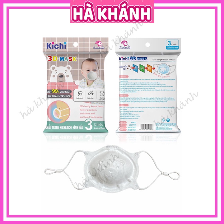 Khẩu trang cho bé Kichilachi, Set 3 chiếc khẩu trang hình gấu cho bé từ 0-3 tuổi có điều chỉnh quai đeo