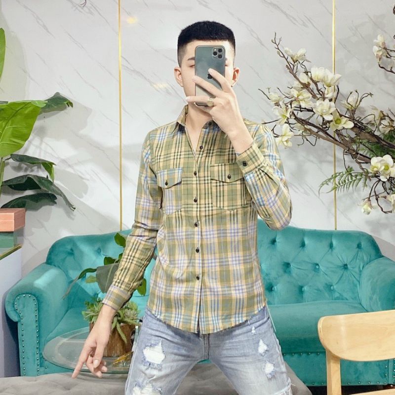 Áo sơ mi nam bbr dài tay rách gấu kẻ sọc caro chất liệu cotton không phai màu không xù lông