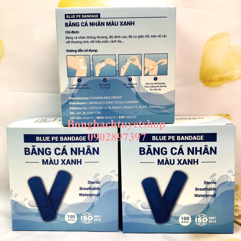 Băng cá nhân Màu Xanh chăm sóc vết thương sóc vết thương hộp 100 miếng - Băng keo cá nhân sơ cứu vết thương