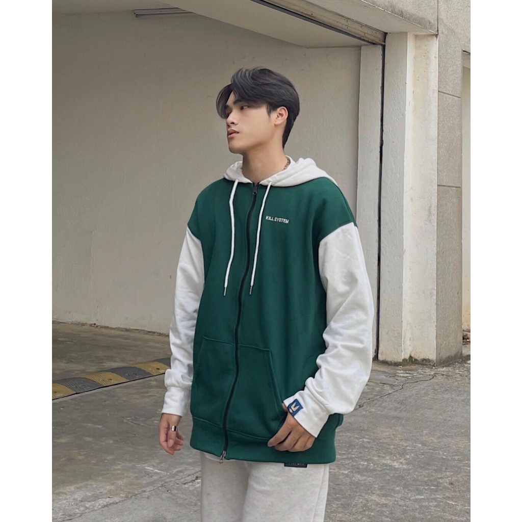 Áo khoác hoodie zip Kill System 22 MOOD oversize có nón nam nữ, vải nỉ bông, đen và rêu tay ráp lăng phối màu kem unisex