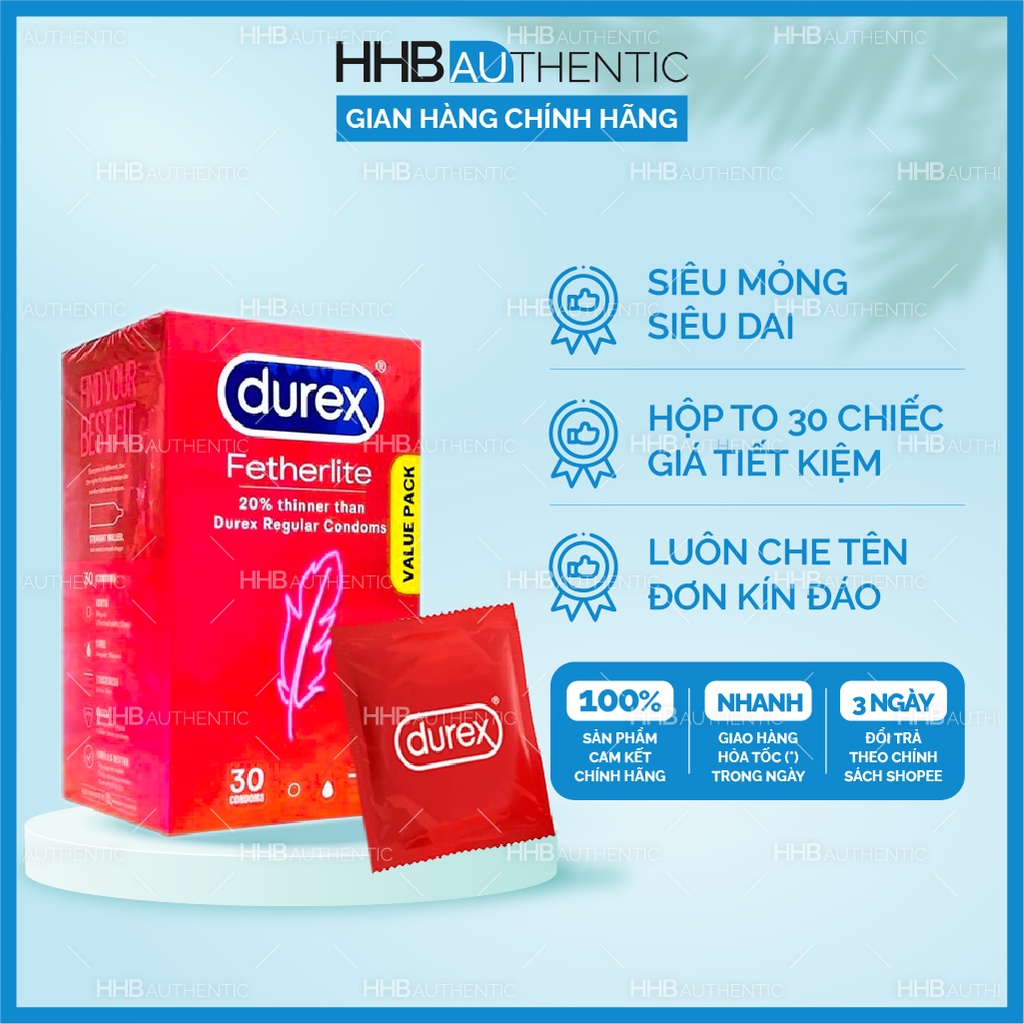 Bao cao su Durex Fetherlite cao cấp [Che tên kín đáo] Siêu mỏng Hộp 30 cái - Xuất xứ Úc