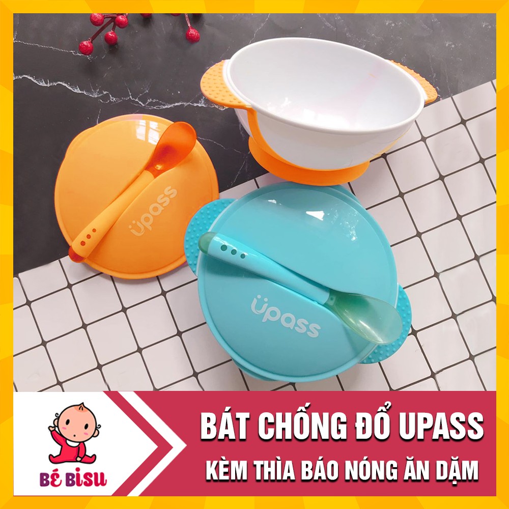 Bát chống đổ Upass Thái Lan kèm Thìa báo nóng ăn dặm cho bé