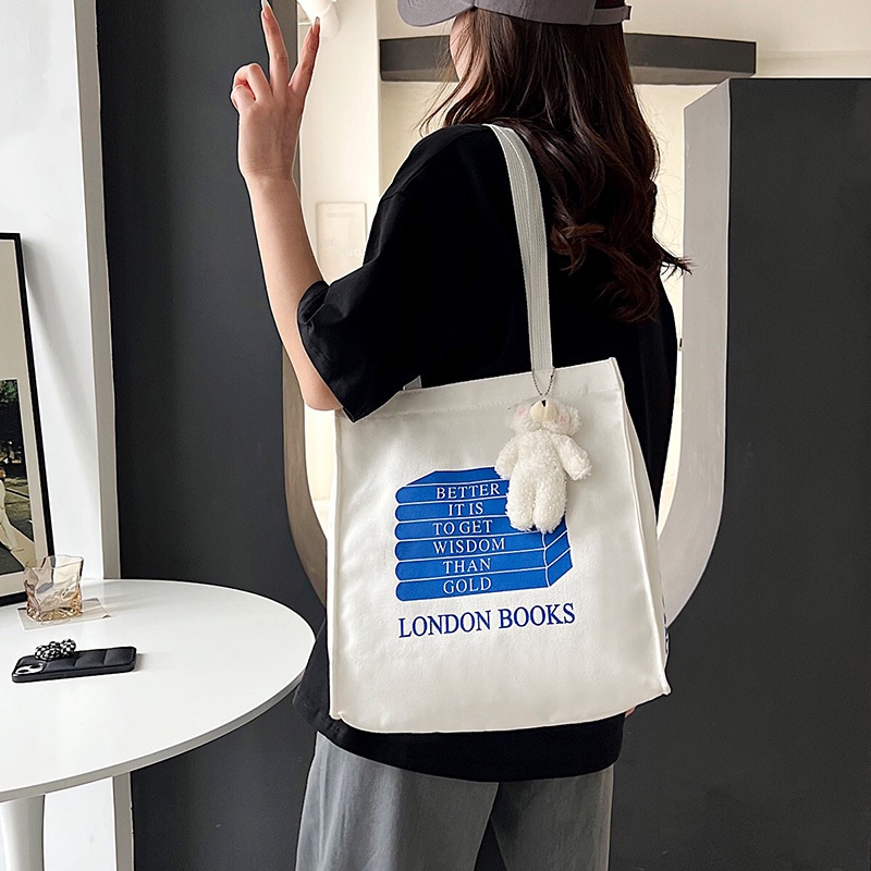 Túi Xách Vải Canvas Cỡ Lớn In Chữ Tiếng Anh Đơn Giản Phong Cách Retro Hàn Quốc