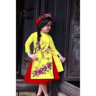 Váy Áo dài váy cách tân kèm mấn kết hoa size 1-8 xinh xắn mùa xuân cho bé cao cấp màu vàng