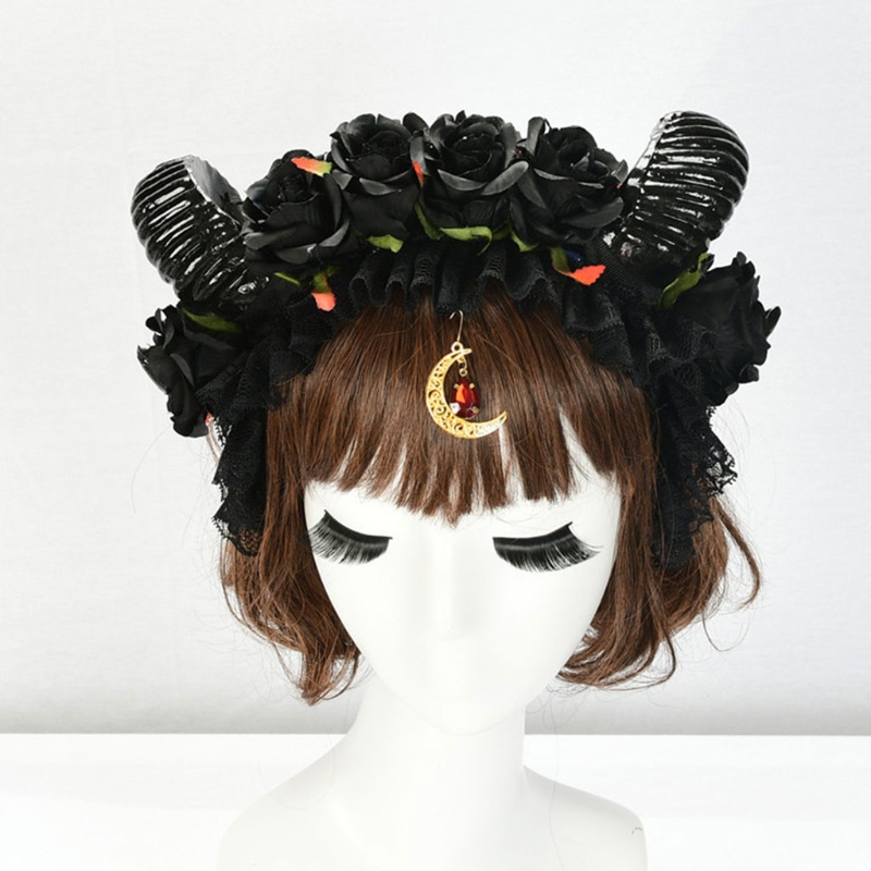 Băng Đô Cài Tóc Hình Sừng Tuần Lộc Phối Ren Hoa Hồng Handmade Phong Cách Gothic Lolita