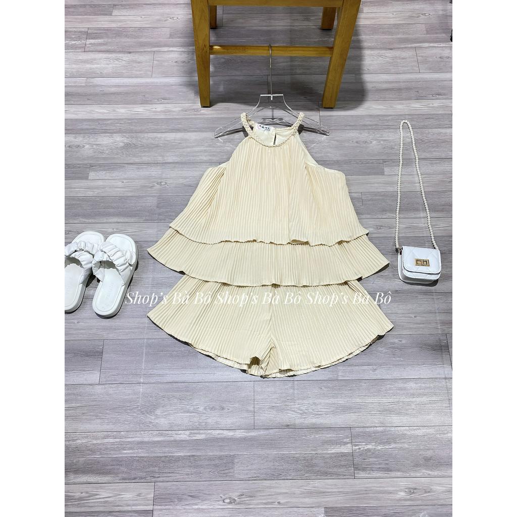 Set áo yếm đan tít, xếp ly, áo may tầng form rộng, quần short cho nữ mặc nhà, mặc đi chơi đơn giản, dễ thương