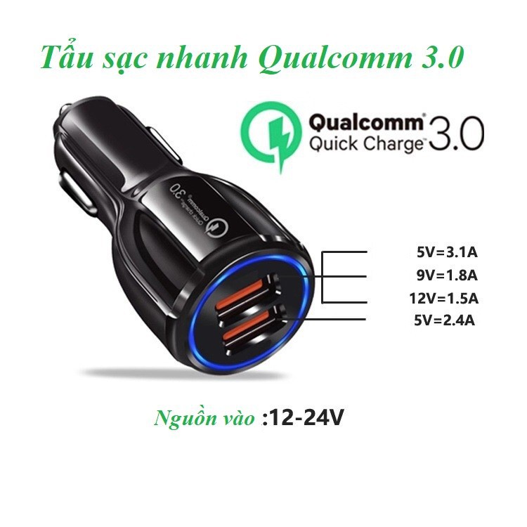 Tẩu Sạc Nhanh Qualcomm QC 3.0 - 2 Cổng USB - Củ Sạc 3.0 FullBox - C1114