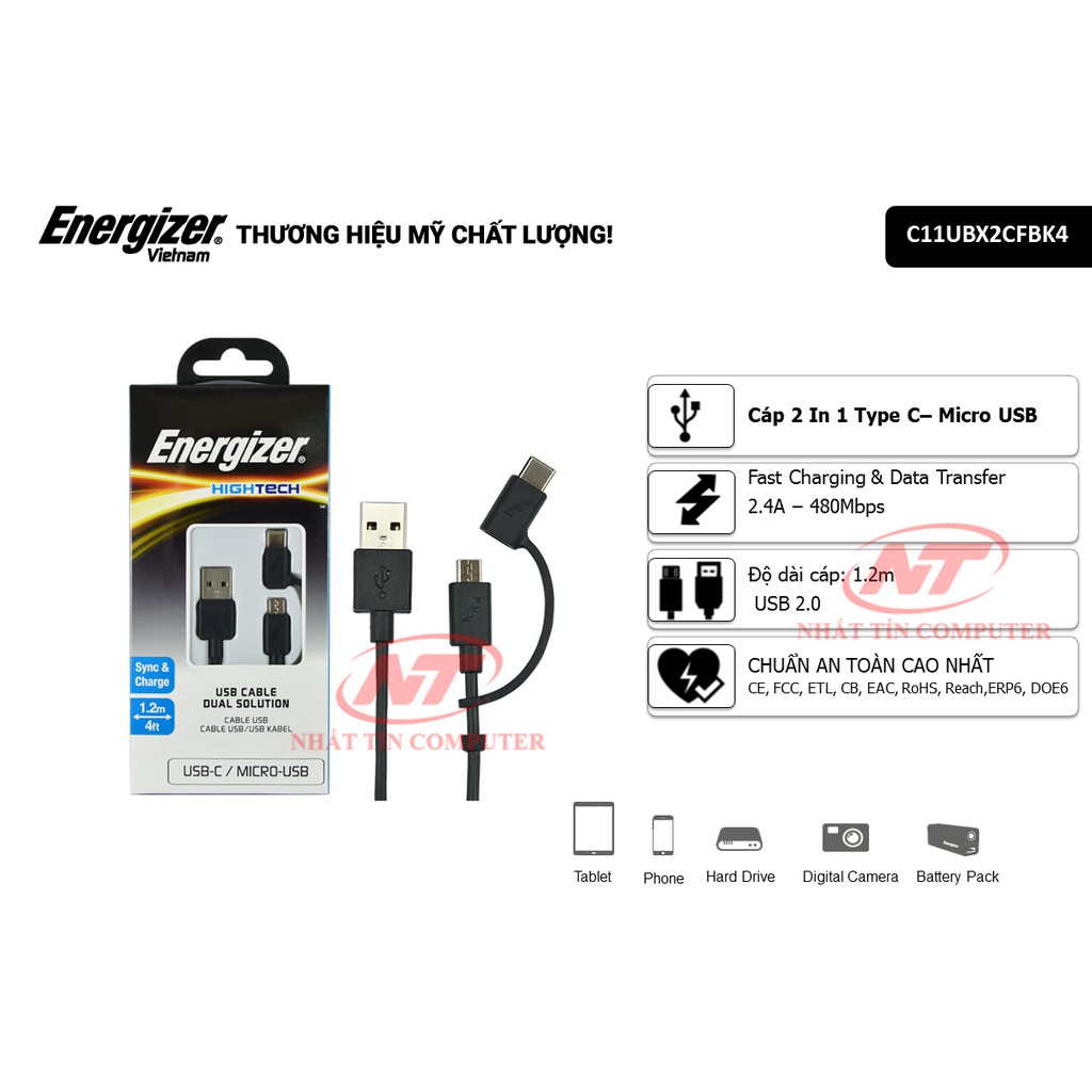 Cáp Energizer 2 trong 1 Type-C và Micro-USB HT dài 1.2m (Đen) - Hãng phân phối chính thức