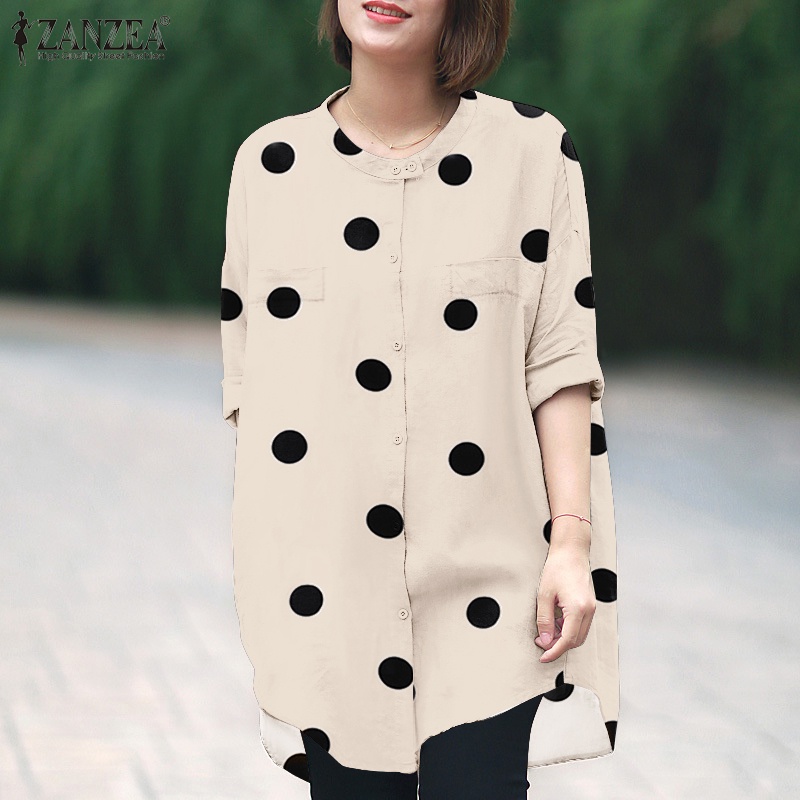 Áo sơ mi Zanzea cổ tròn tay lỡ họa tiết chấm bi thời trang phong cách retro cho nữ