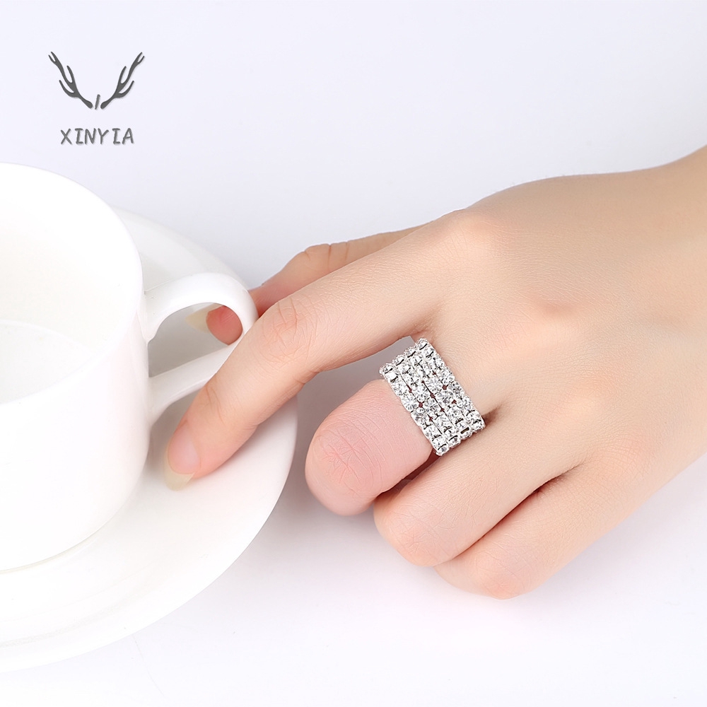 Nhẫn mạ bạc có co giãn đính đá zircon phong cách Hàn Quốc thời trang dành cho nữ một lớp/ nhiều lớp tùy chọn