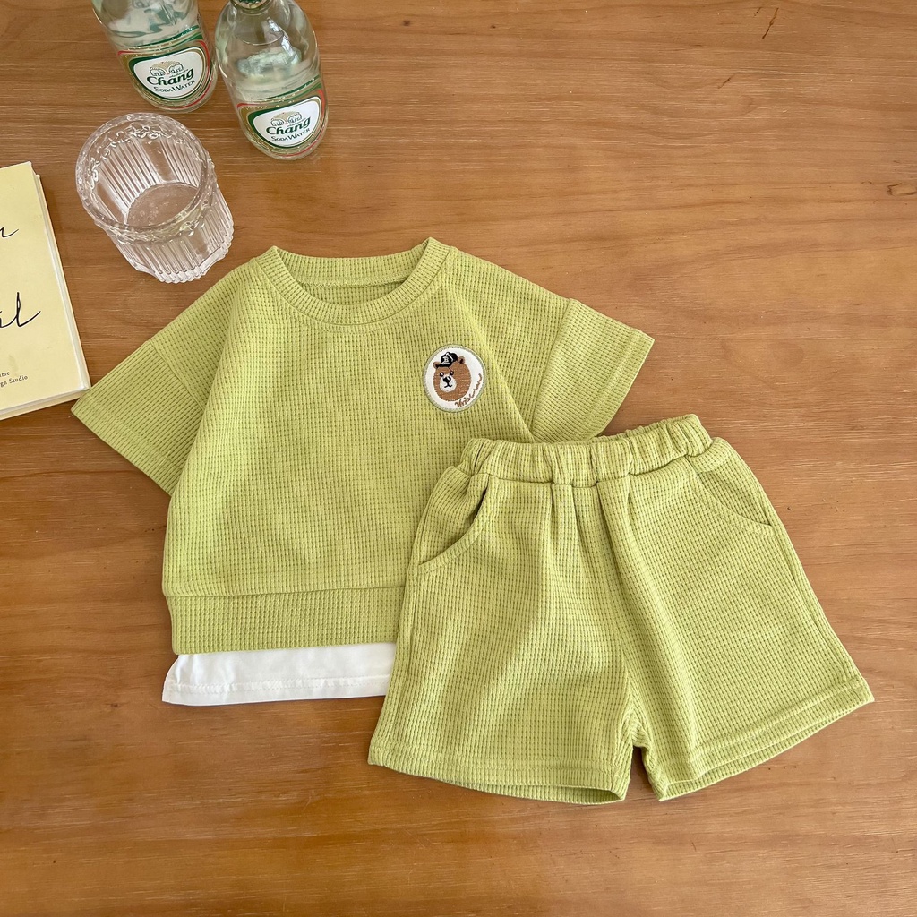 Set Áo Thun Ngắn Tay Thêu Hình Gấu Và Quần Short Thời Trang Cho Bé